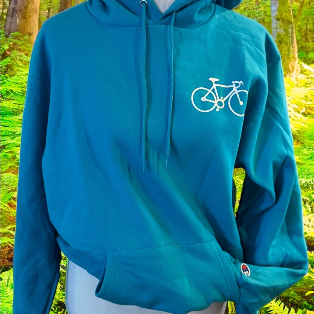 Teal unisex champion Hoodie with Bicycle Graphic